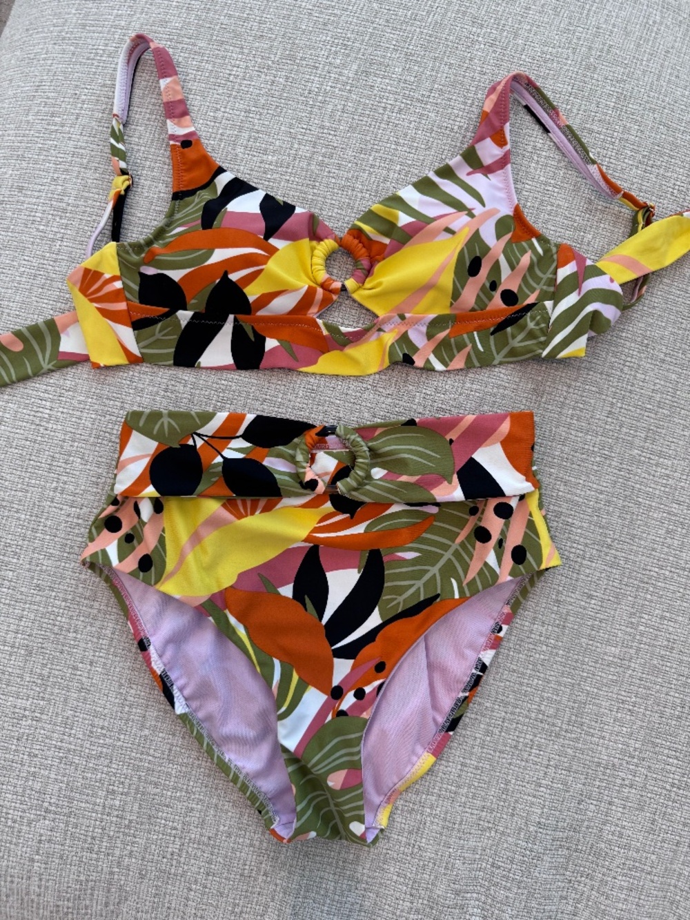 BAR III Women’s Bikini Swimwear Set Tropical Palm Print Tie Back Size S